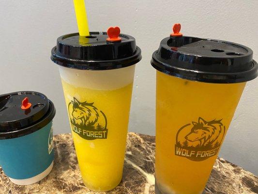 Mango slush, Cappuccino, 22 oz. Passion Fruit Green Tea