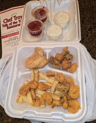 Fish, oysters, and shrimp plate