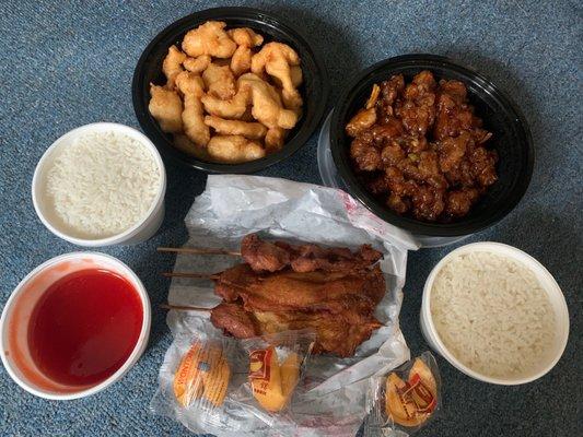 Sweet and sour chicken bowl, orange chicken bowl, teriyaki chicken sticks.