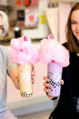 Cotton candy topped Earl Grey milk tea and taro milk tea.