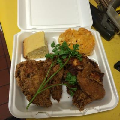 Fried chicken and Mac and cheese with cornbread