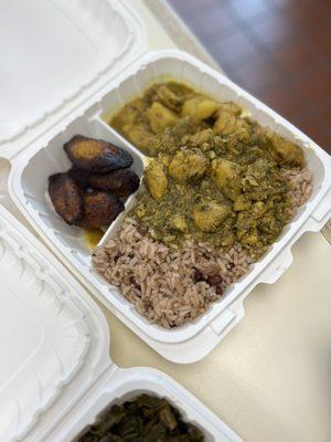 Chicken curry, Plaintains, Rice and Rice & Peas (Red Beans)