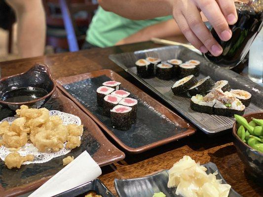 Calamari, Tuna Roll, Salmon Roll, Crunch Roll