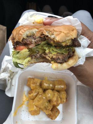 Double cheeseburger and cheese tots!