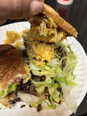 Yellow cheese carne asada torta