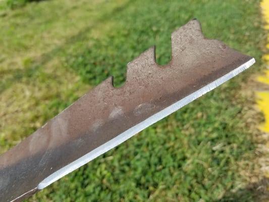 Sharpened lawn mower blade. I was able to just walk in with it and 5 min later walked out with a sharp blade.