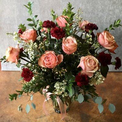 Kahala Roses and Burgundy Carnations