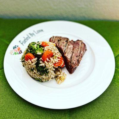 Vegetable "fried" rice with Asian style smoked tuna steaks