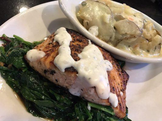 Pan Seared Salmon with Wilted Spinach and Potato Gratin