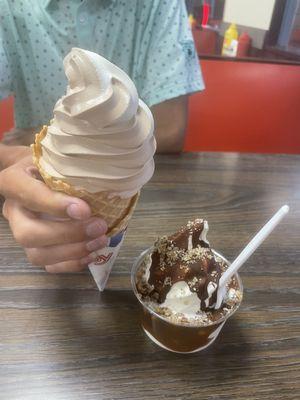 Waffle cone with swirl ice cream and turtle sundae