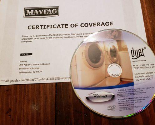 Maytag Duet Washer & Dryer certificate of coverage - really?!