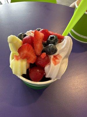 Pineapple sorbet, strawberry shortcake, blackberry and super chocolate topped with cherries, strawberries, and blackberries.