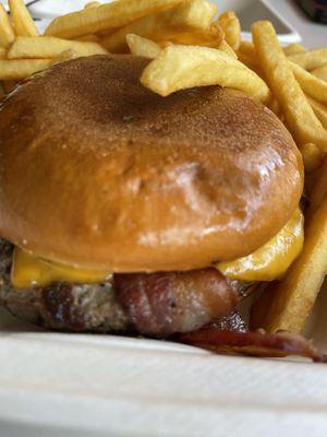 Bacon cheeseburger and fries