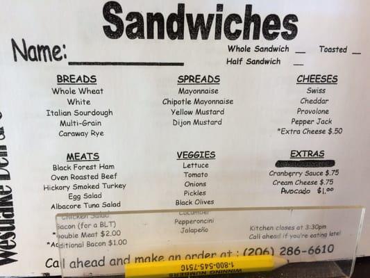 Sandwiches made to order by completing a form.