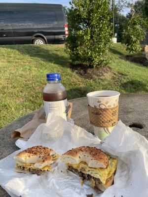 Steak, egg and cheese on an onion bagel.