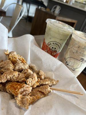 Strawberry matcha latte, Oreo crème brûlée black tea, mild spice popcorn chicken