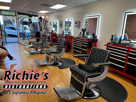 Full barber shop remodel and restoration of all chairs, bench, and shampoo chair.