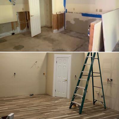 Before and after of flood damage repair: drywall replacement, interior paint, trim