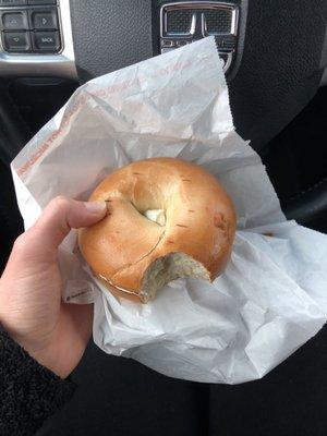 food is great but i hate that the bagels continue to get smaller every year.. this bagel is the size of my palm ):