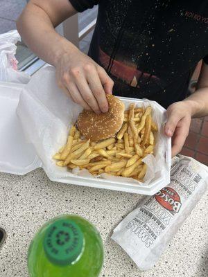 Burger, fries, and bosco stick