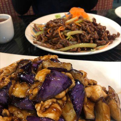 Chicken eggplant and crispy beef