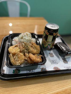 Garlic fried shrimp plate with white rice and Mac salad.