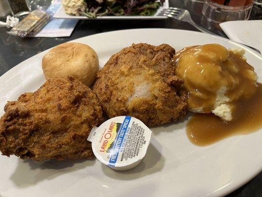 Fried pork chops with mashed potatoes and salad bar