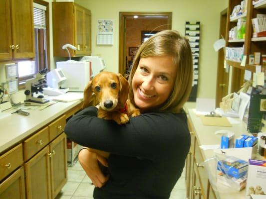 Jen and Cute Dog. Veterinarian at White Oaks West Animal Hospital in Springfield Illinois