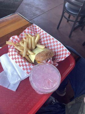 B&J Drive In (Nov 2024) - Burger Combo sitting on table in attached coffee place