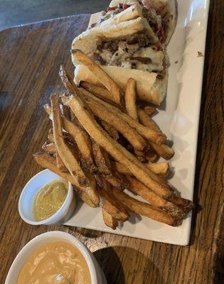 Hand-cut Fries, Comet Queso, &  Steak* or Chicken Philly