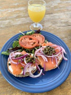 Jalama lox with cream cheese on a sesame bagel