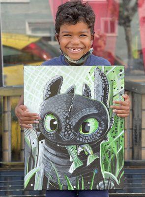 7 year old student, acrylic painting of "Toothless", 2021