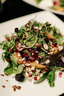 Market greens, blackberry, beets, orange, hazelnut, pomegranate