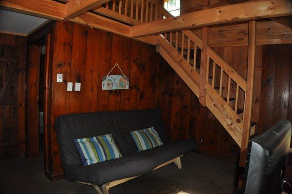 Cottage 8, 9, 10 - Adirondack style living room with knotty pine and vaulted ceiling