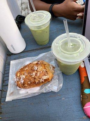 Matcha Latte with Oatmilk and Simple Syrup and Almond Croissant