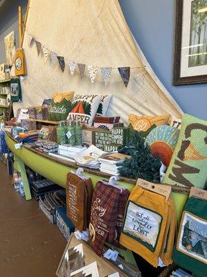 Our canoe area, containing ourdoorsy/camping theme items.