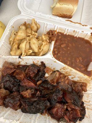 Burnt ends, baked beans, Mac and cheese