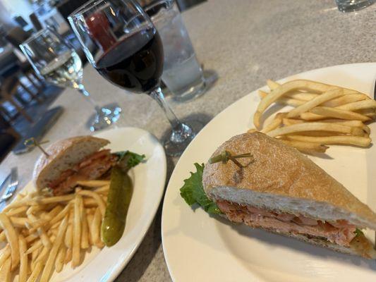 Salmon BLT sandwich, split with big bold Meiomi Pinot Noir