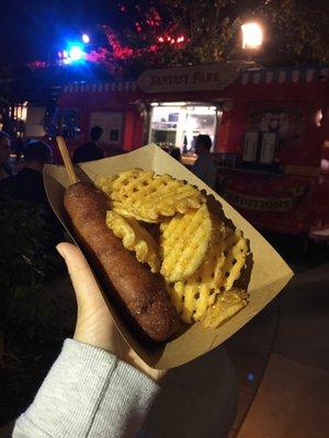 Hand dipped corn dog and waffle fries