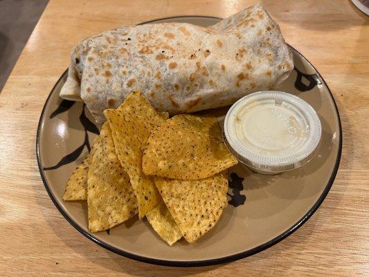 Burrito, sauce, chips