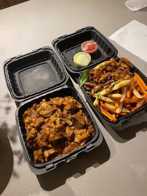 Lamb stew on the left, Jerk Chicken sandwich on the right is to die for!