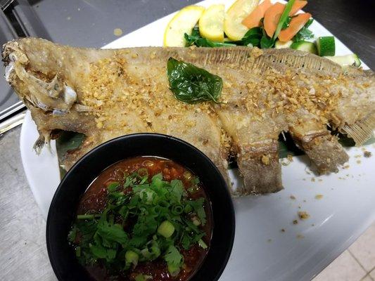 Fried whole sole with chili garlic