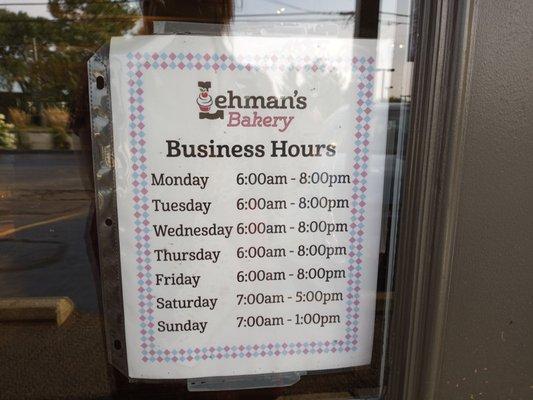 Bakery hours slightly different from deli hours.