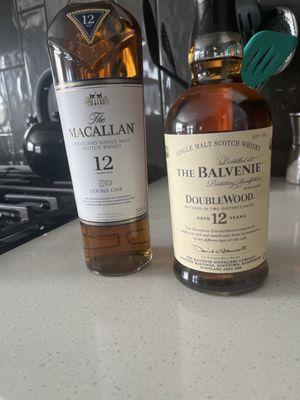 Mac Allan 12 years and Balvenie 12 year scotch.