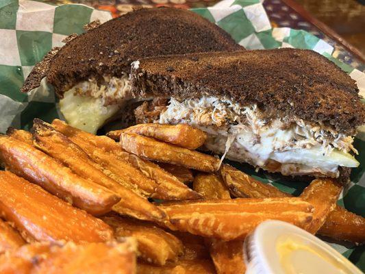 Chicken and a Pickle sandwich with sweet potato fries