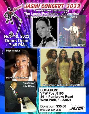 Jasmi Concert 2023 Fundraiser benefitting The Lupus Foundation of America in honor of Miss Addie Williams