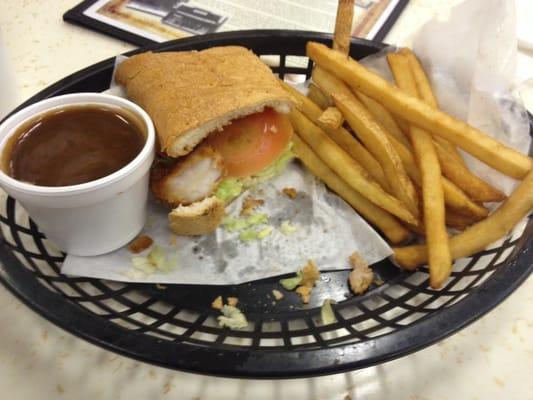 Shrimp po-boy with fries and gravy! Really tasty, and cooked well!