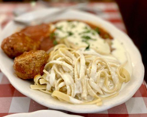 Fettucine Alfredo, Meatballs, Ravioli