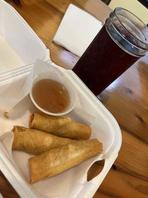 Close up of the egg rolls and my black currant Finn River Cider