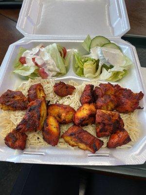 Chicken Sheesh Kebab Over Rice & Salad